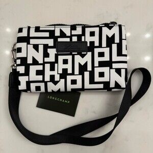 Longchamp LGP Monogram Pouch Crossbody Bag - Black/White with Neon Detail
